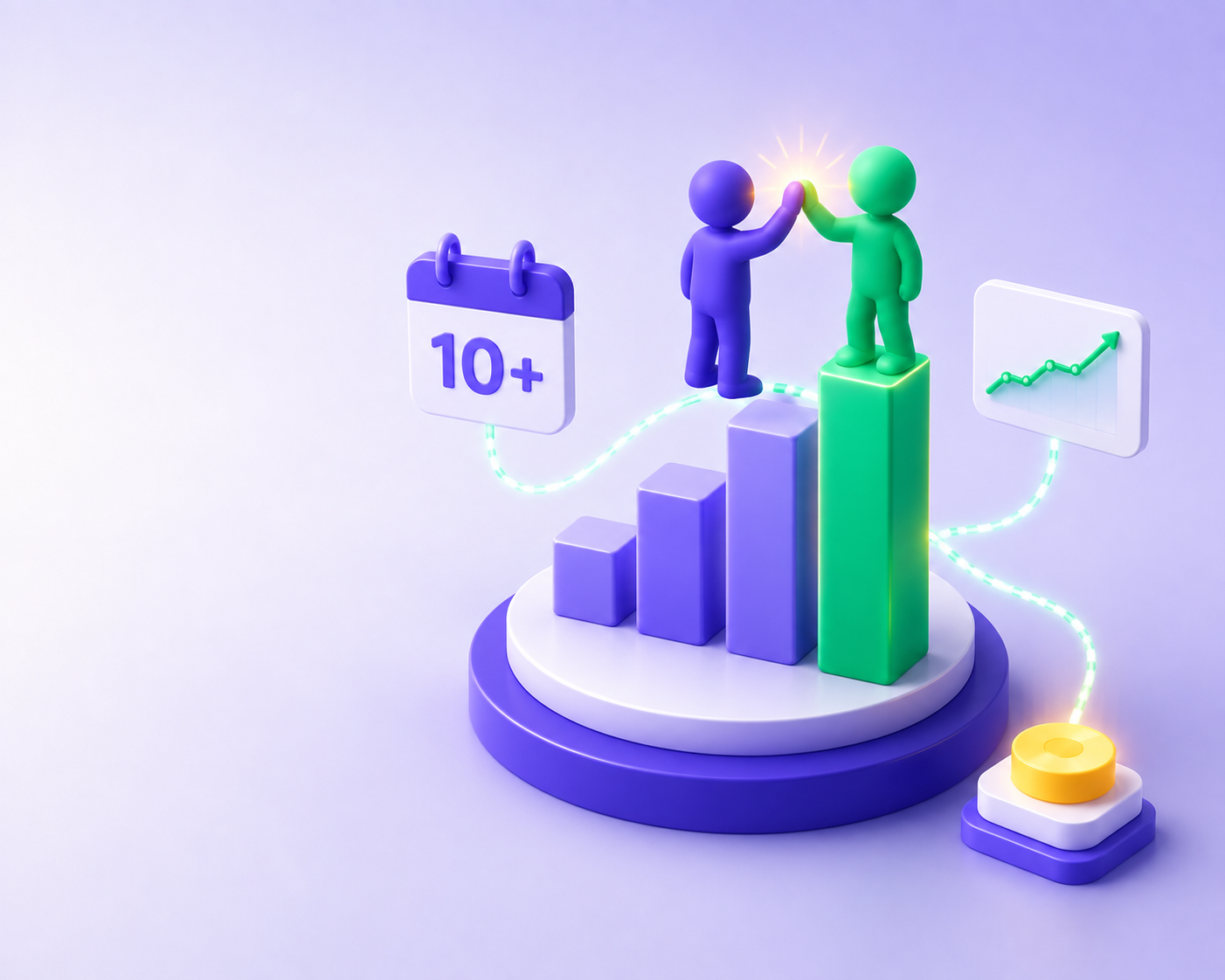 Illustration of two figures high-fiving atop a rising growth chart, representing a decade of ScaleMarketers growth