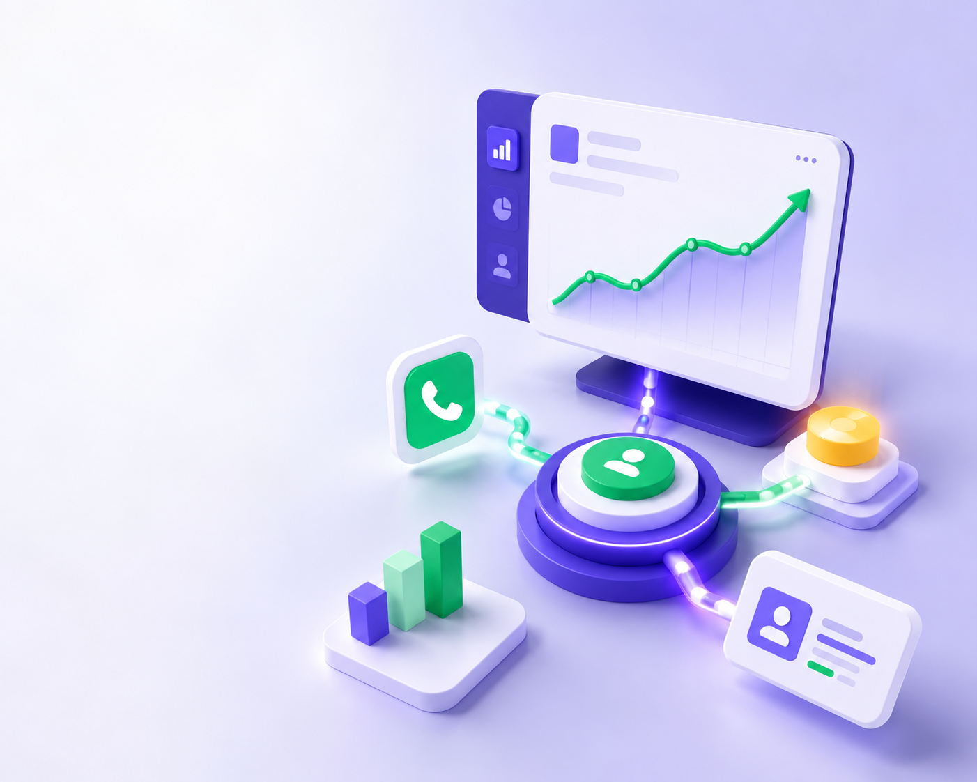 Illustration of a ScaleMarketers growth dashboard connecting calls, contacts and conversion data